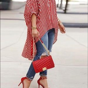 Red Striped Plus Size High Low Colorblock Dip Slee